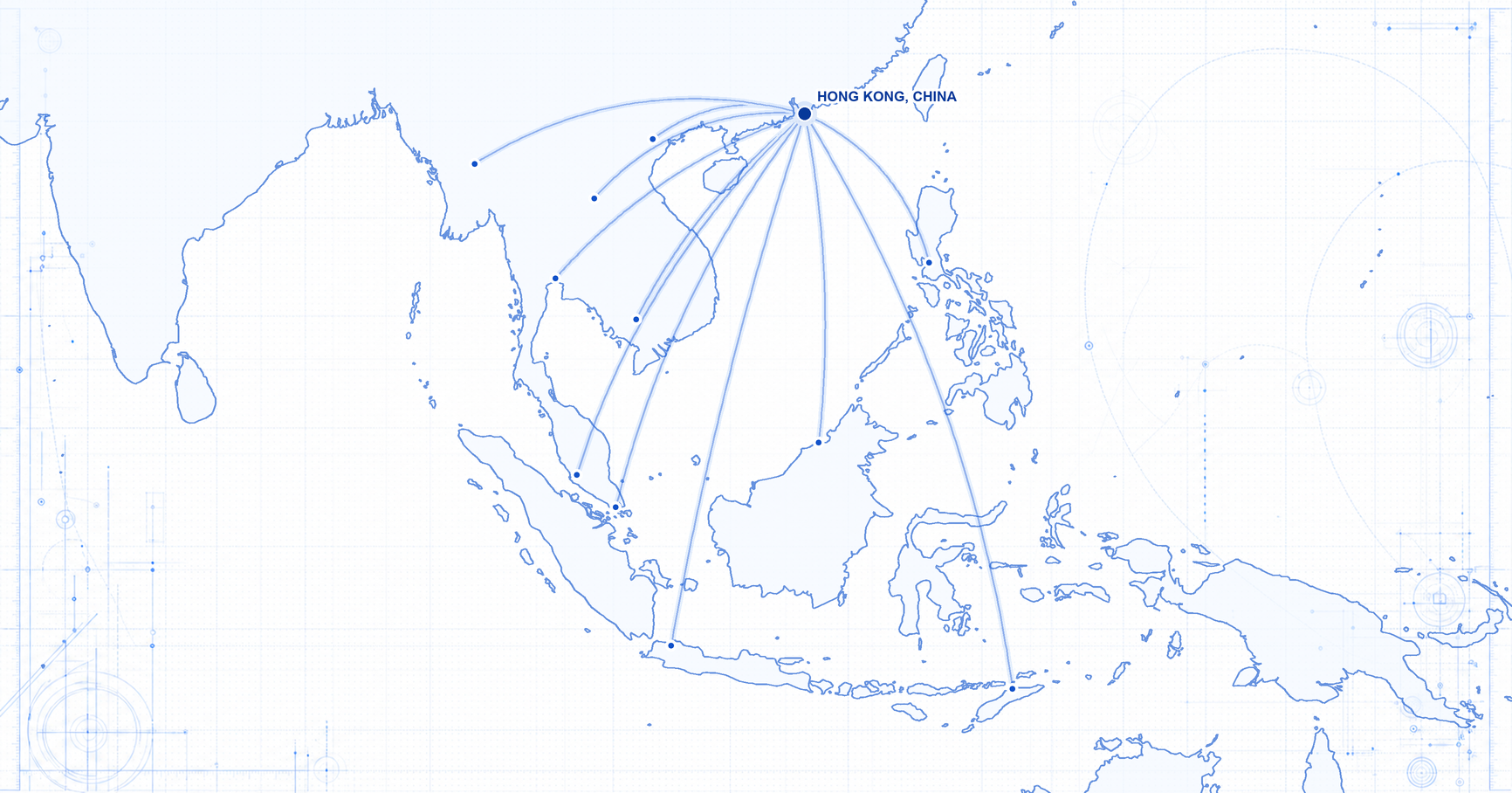 Coastline map showing routes from Hong Kong, China, across the South China Sea and Southeast Asia