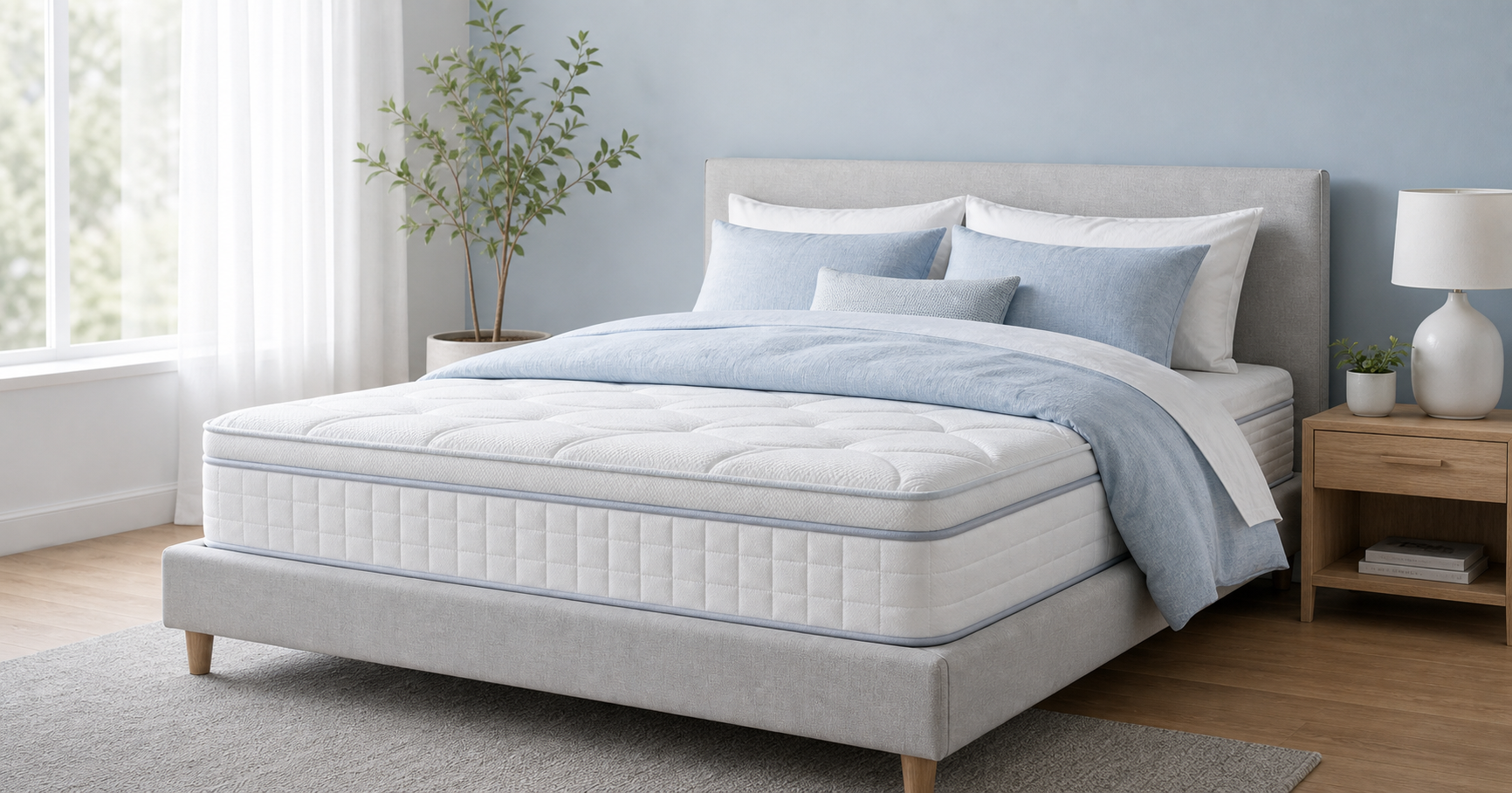 Premium mattress in a calm modern blue and white bedroom