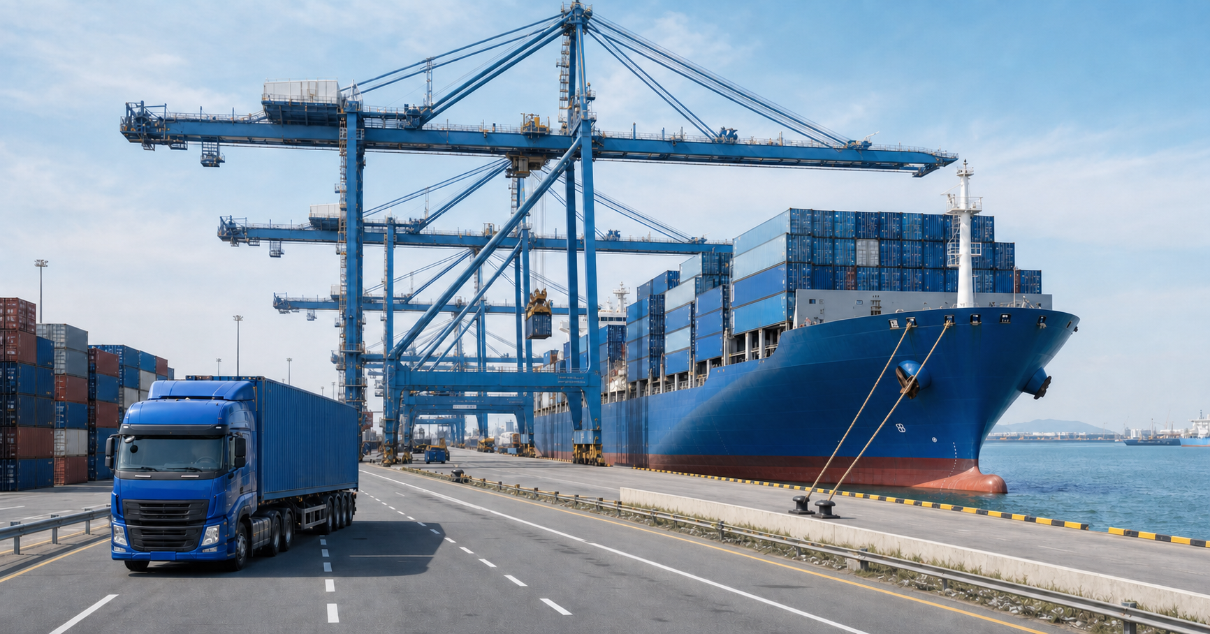 Container truck on a dedicated port road beside a moored container ship and quay cranes