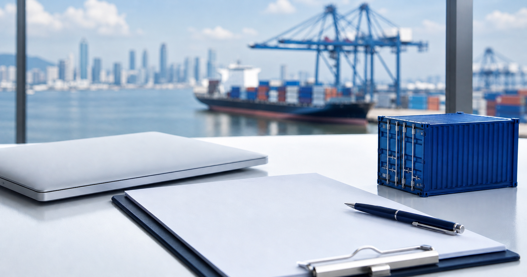 International trade workspace overlooking a container port