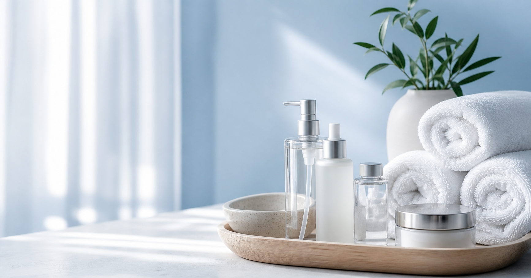 Wellness and personal care products in a calm blue and white setting