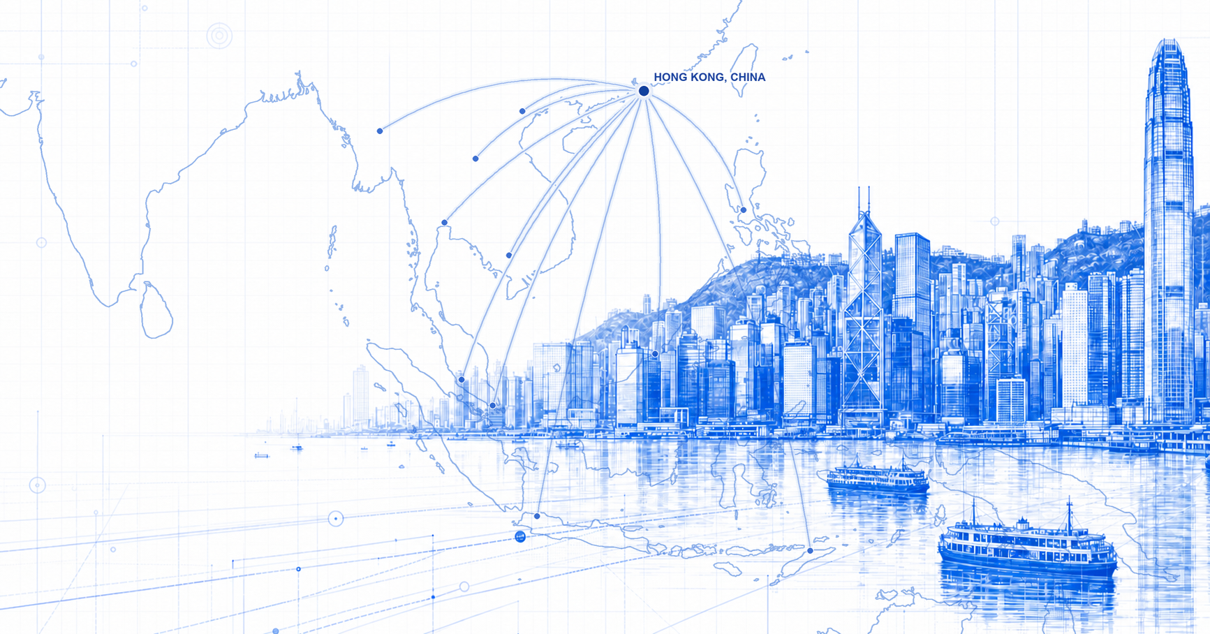 Hong Kong and Victoria Harbour with routes from Hong Kong, China, across the South China Sea and Southeast Asia