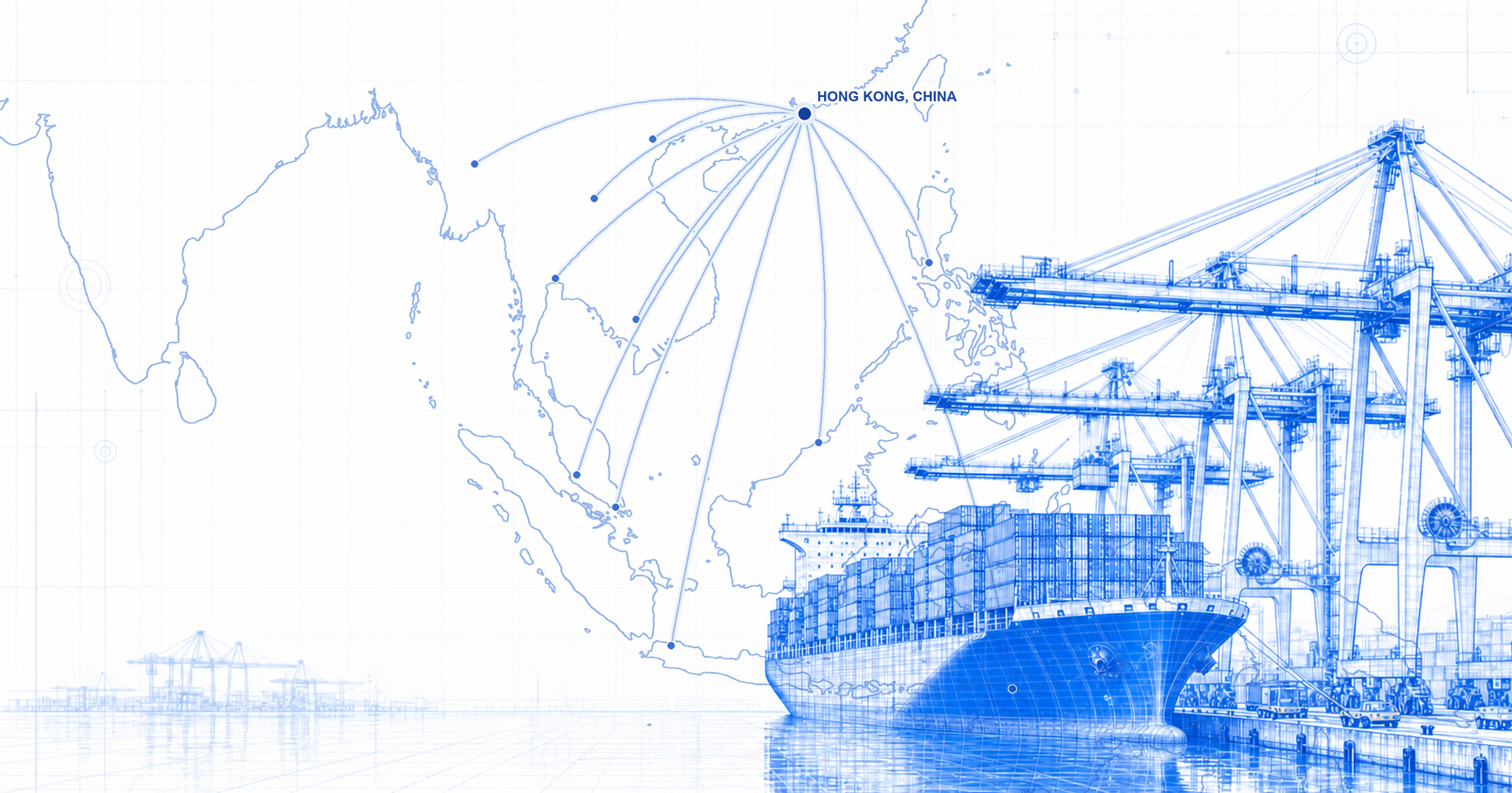 Blueprint container port with routes from Hong Kong, China, across the South China Sea and Southeast Asia